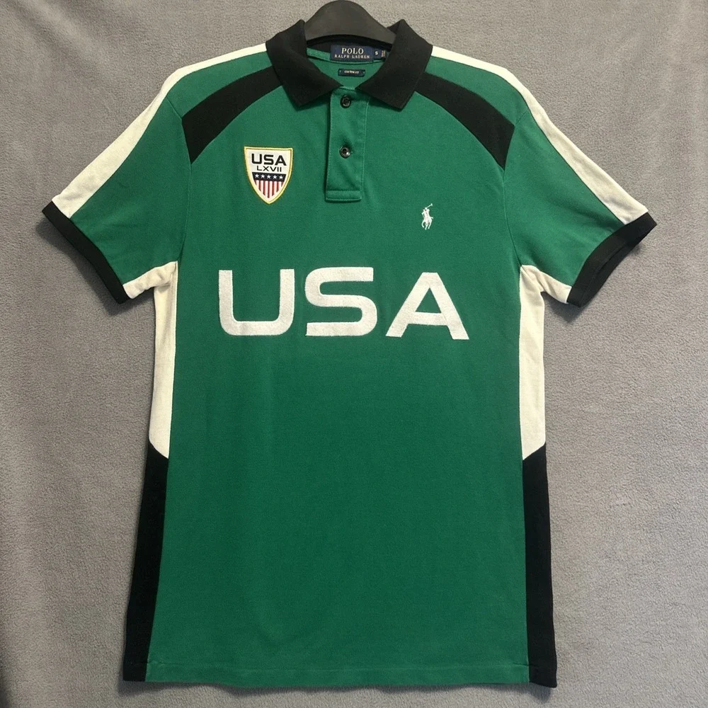 Polo Ralph Lauren USA LXVII #3 Rugby Polo Shirt Custom Fit Mens Small Green